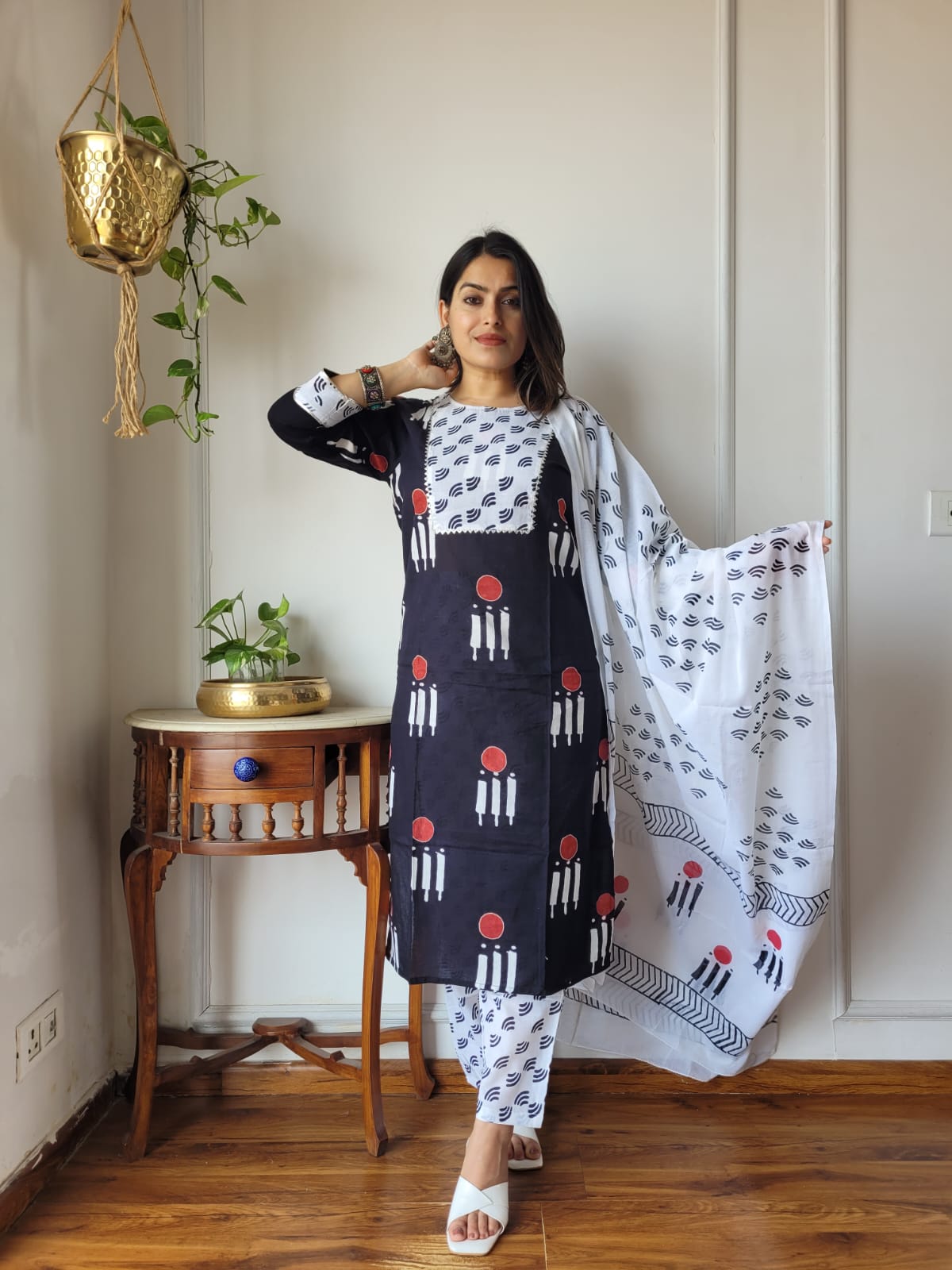Black & White Hand Block Printed Cotton Suit for Women