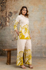 *Classy Cotton Floral Printed Cord Set Openable Top With Printed Palazo With One Side Pocket*
