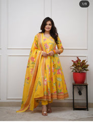 New launch 
Cotton anarkali kurti pant dupatta sets
Fabric _ pure cotton 60*60 super taj quality