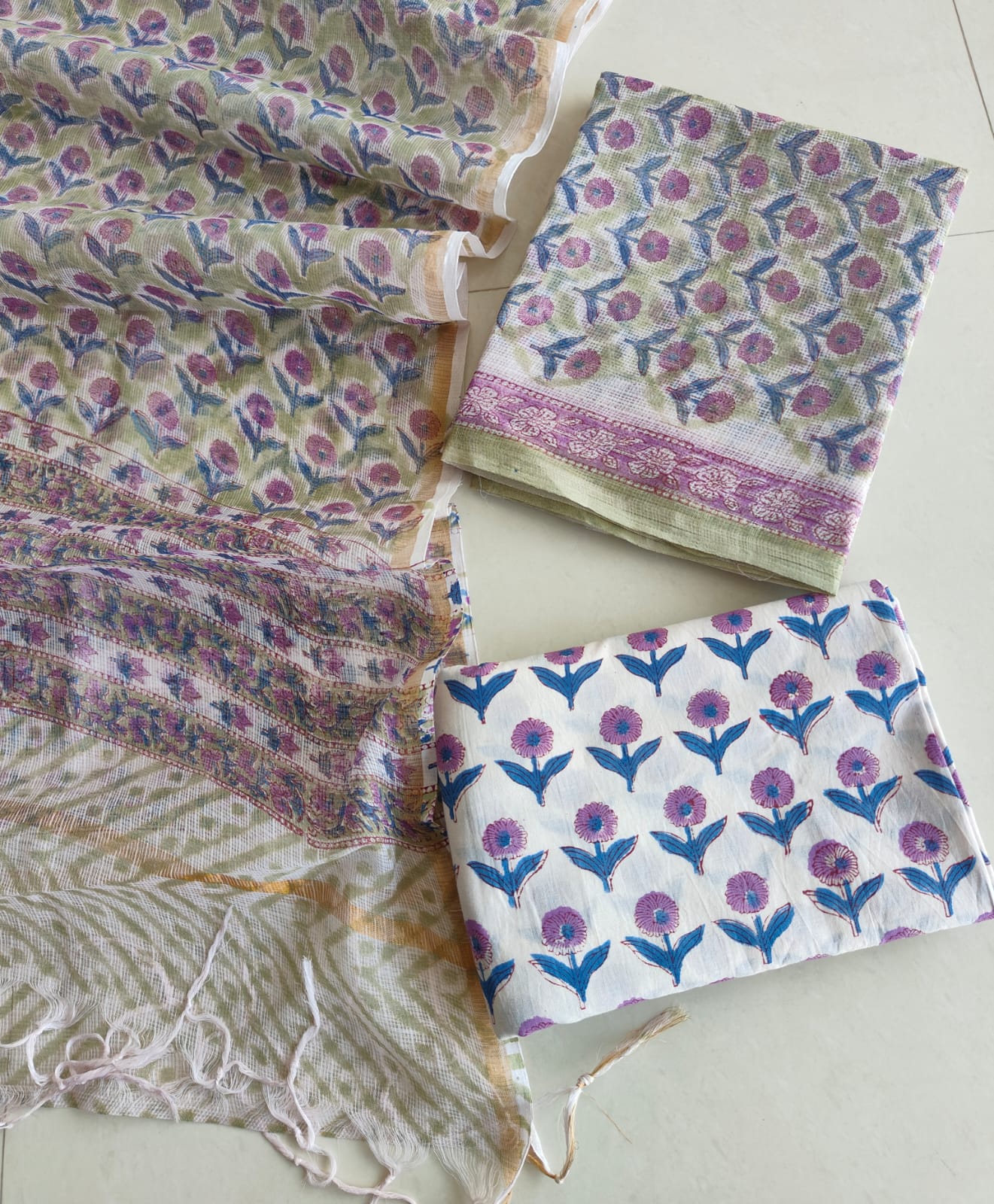 Purple Marigold Hand Block Print Kota Doriya Suit (BFFKO59)