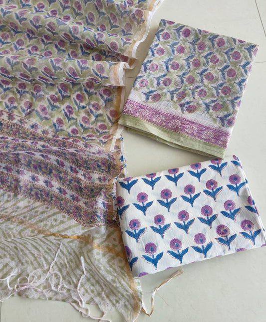 Purple Marigold Hand Block Print Kota Doriya Suit (BFFKO59)