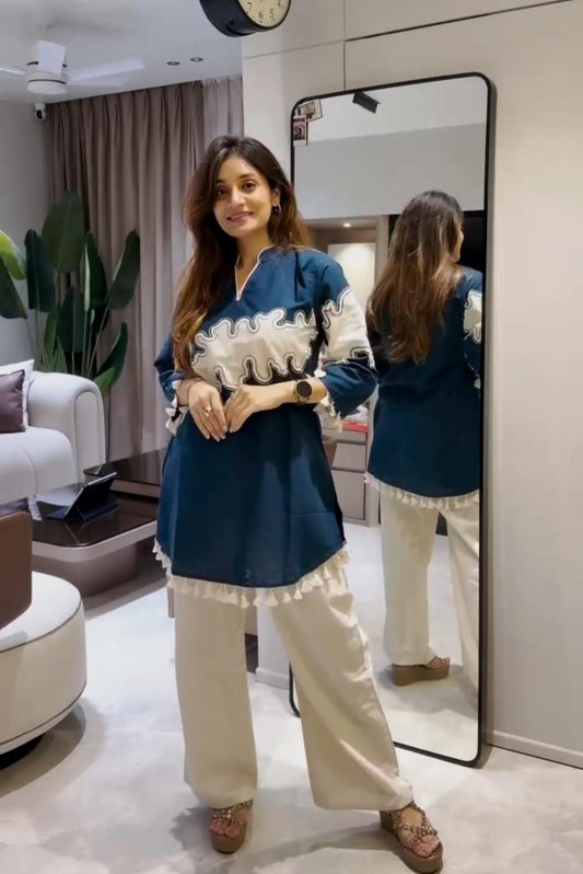 Navy Blue Cotton Shirt with Embroidered Jute Jacket & Pant Set