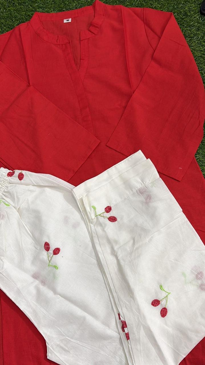 Red Cotton Kurti with Cherry Print Palazzo Co-ord Set