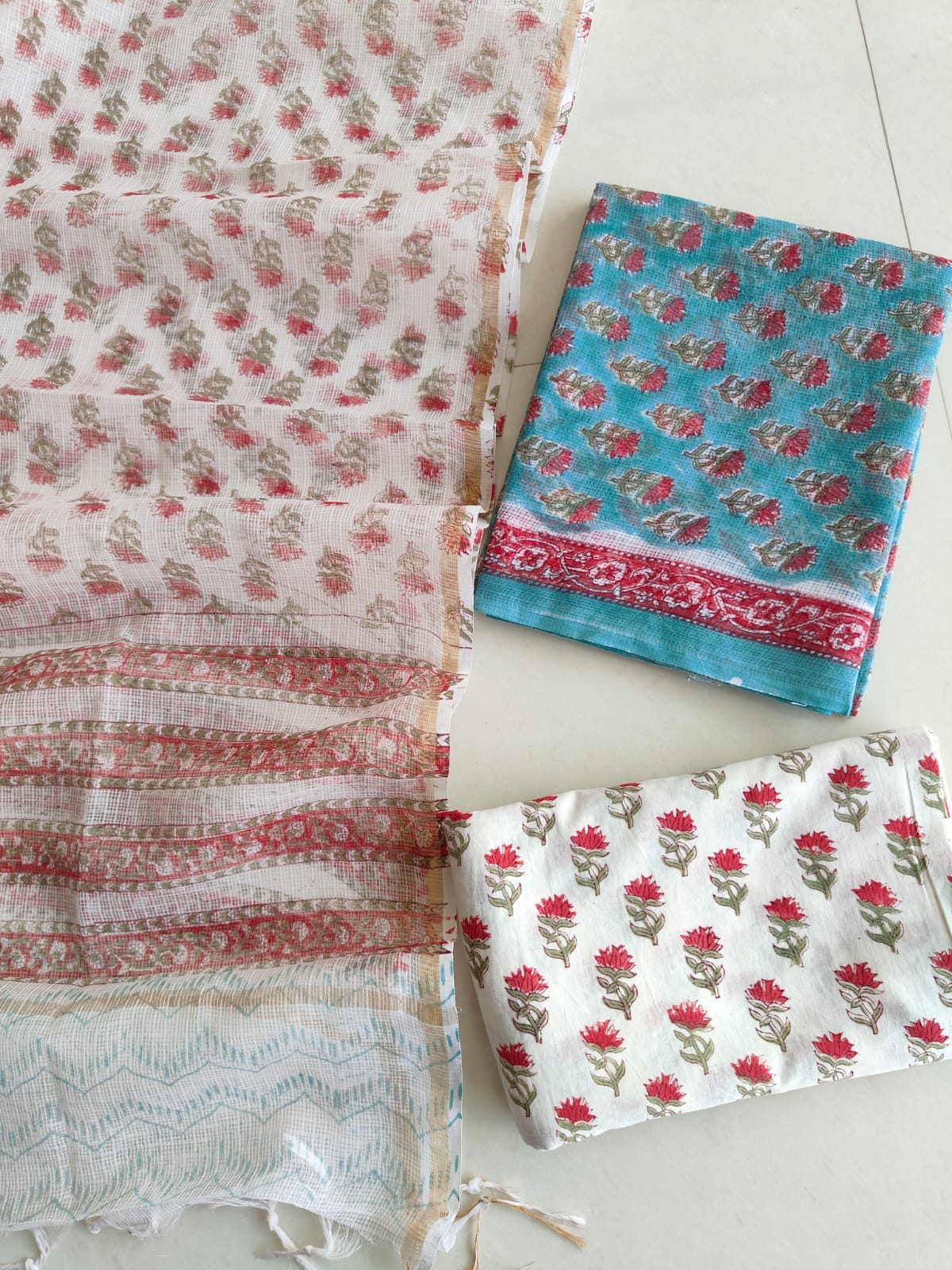 Sky Blue Red Floral Buti Hand Block Print Kota Doriya Suit  (BFFKO77)