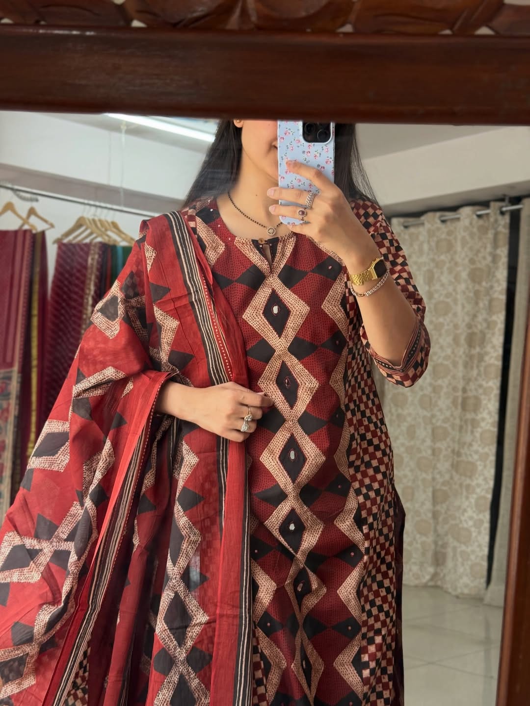 Maroon Black Ikat Diamond Print Heavy Cotton Kurti Pant Dupatta Set