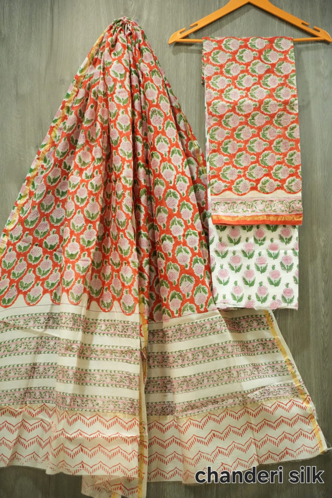 Orange Red & Pink Gol Butti Hand Block Print Chanderi Silk Dress Material (BFCHS34)