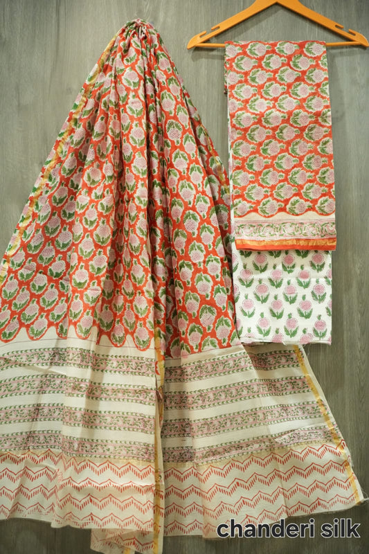 Orange Red & Pink Gol Butti Hand Block Print Chanderi Silk Dress Material (BFCHS34)