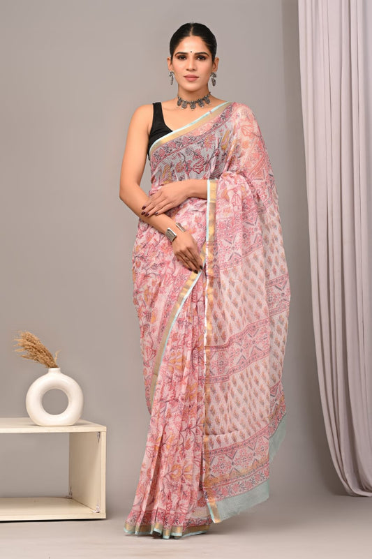 Blush Pink Mint Kota Doriya Saree | Bagru Floral Hand Block Print with Blouse (BSFS47)