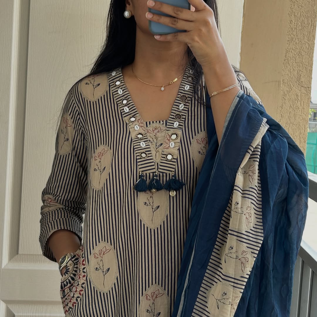 Striped Cotton Kurti Set with Mirror Work Neckline & Navy Blue Dupatta |