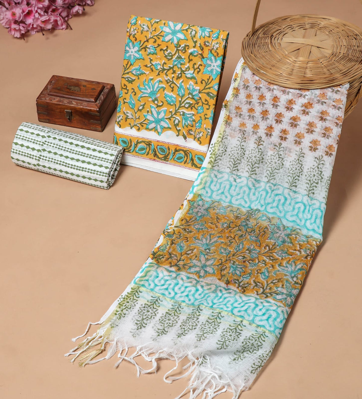 Premium Sanganeri Printed Cotton Suit With Kota Doria Duppta(BFCOTKD54)