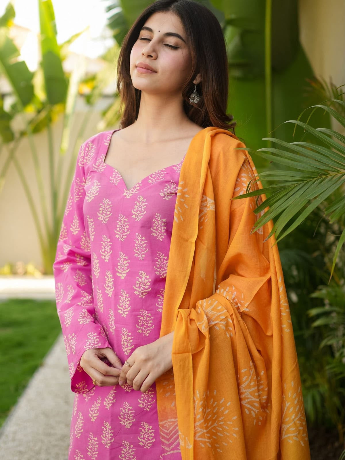 Pink & Mustard Printed Cotton Farshi Pant Suit for Women