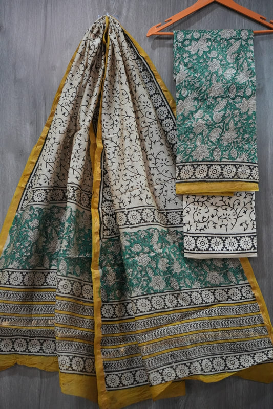 Teal Green & Cream Floral Arabesque Hand Block Print Chanderi Silk Dress Material (BFCHS44)