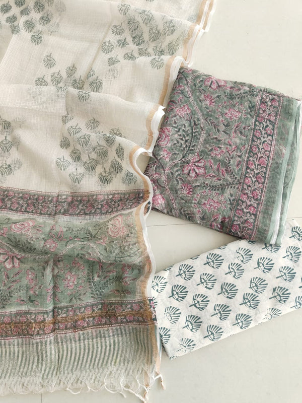Sage Green Pink Floral Hand Block Print Kota Doriya Suit  (BFFKO76)