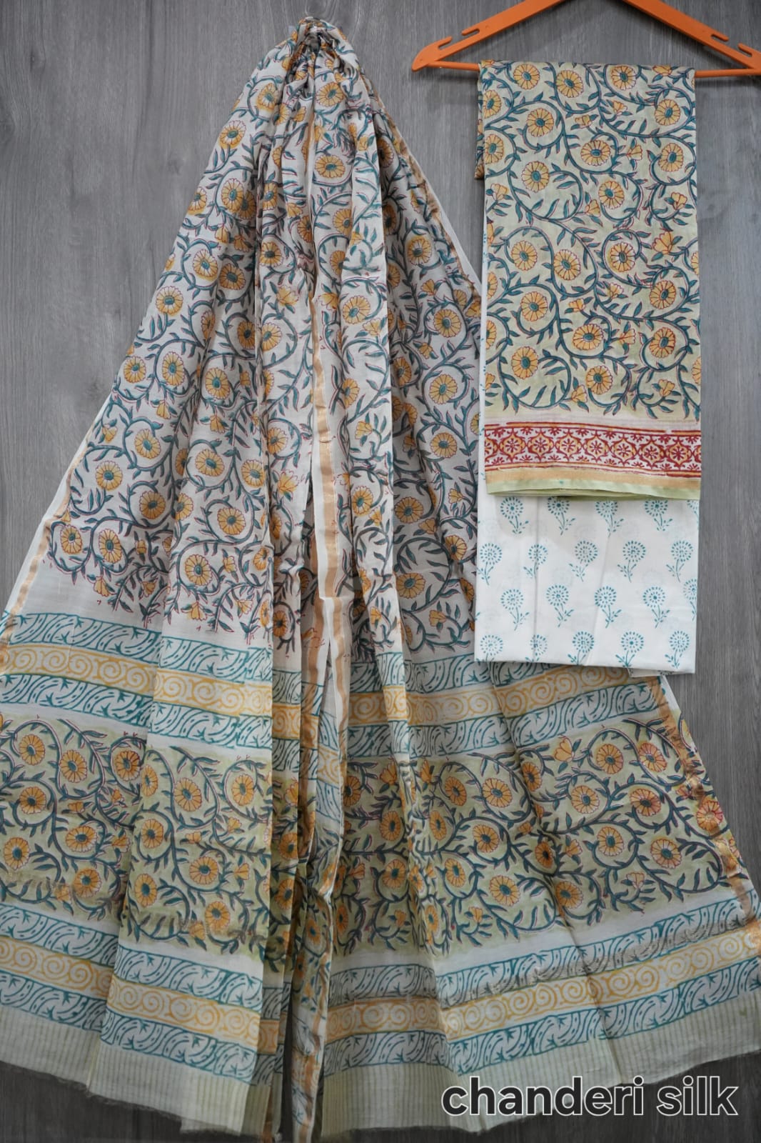 Cream & Mustard Genda Phool Jaal Hand Block Print Chanderi Silk Dress Material (BFCHS21)
