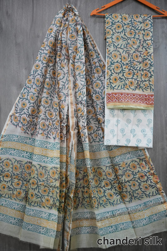 Cream & Mustard Genda Phool Jaal Hand Block Print Chanderi Silk Dress Material (BFCHS21)