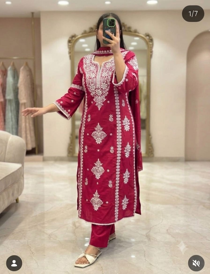 Rani Pink Chikankari Embroidered Cotton Suit Set for Women