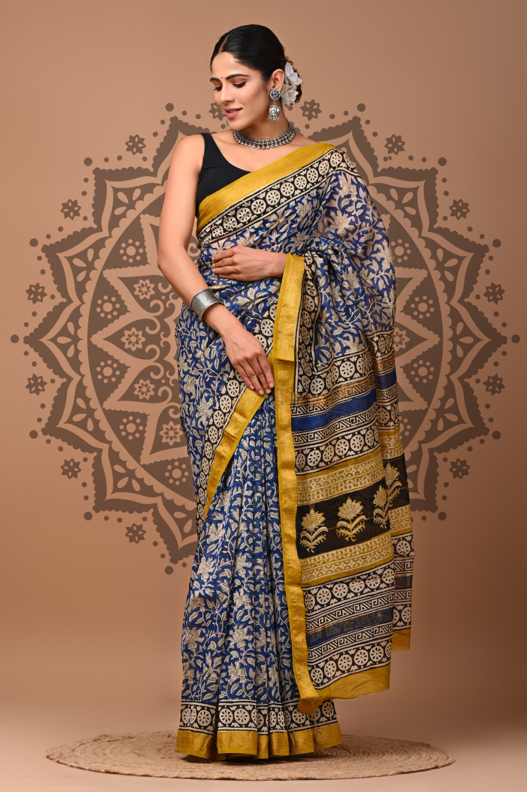 New Designer Hand Block Print Maheshwari Silk Saree (BFMSARE09)