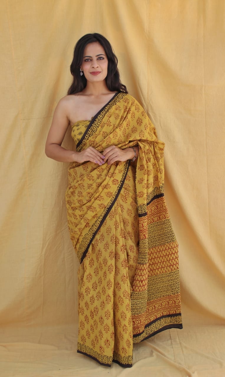 Mustard Yellow Hand Block Printed Cotton Saree with Blouse (BFCS77)
