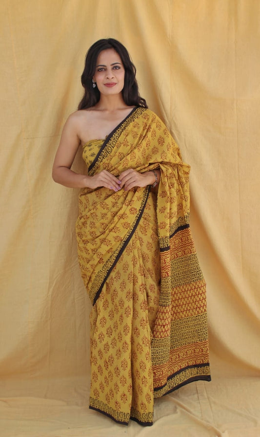 Mustard Yellow Hand Block Printed Cotton Saree with Blouse (BFCS77)