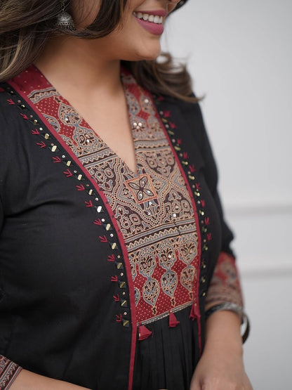 Black Cotton Kurta Pant Set with Maroon Printed Dupatta for Women