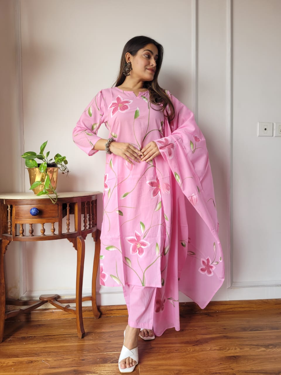 Pink Floral Cotton Suit with Cotton Dupatta