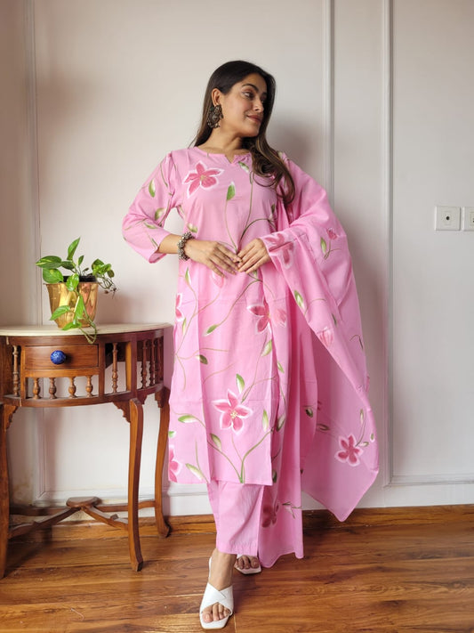 Pink Floral Cotton Suit with Cotton Dupatta