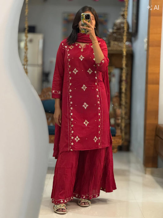 Red Embroidered Cotton Kurta Palazzo Set with Dupatta