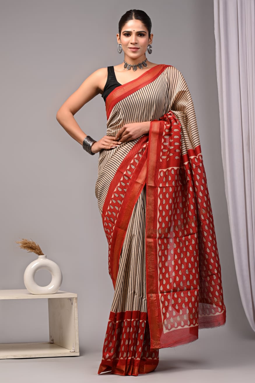 New Designer Hand Block Print Maheshwari Silk Saree (BFMSARE55)