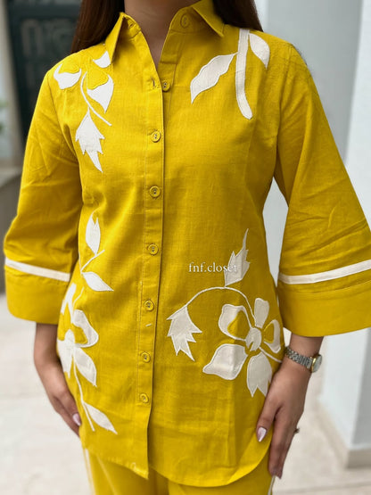 Mustard Yellow White Applique Floral Cotton Slub Shirt Pant Co-ord Set