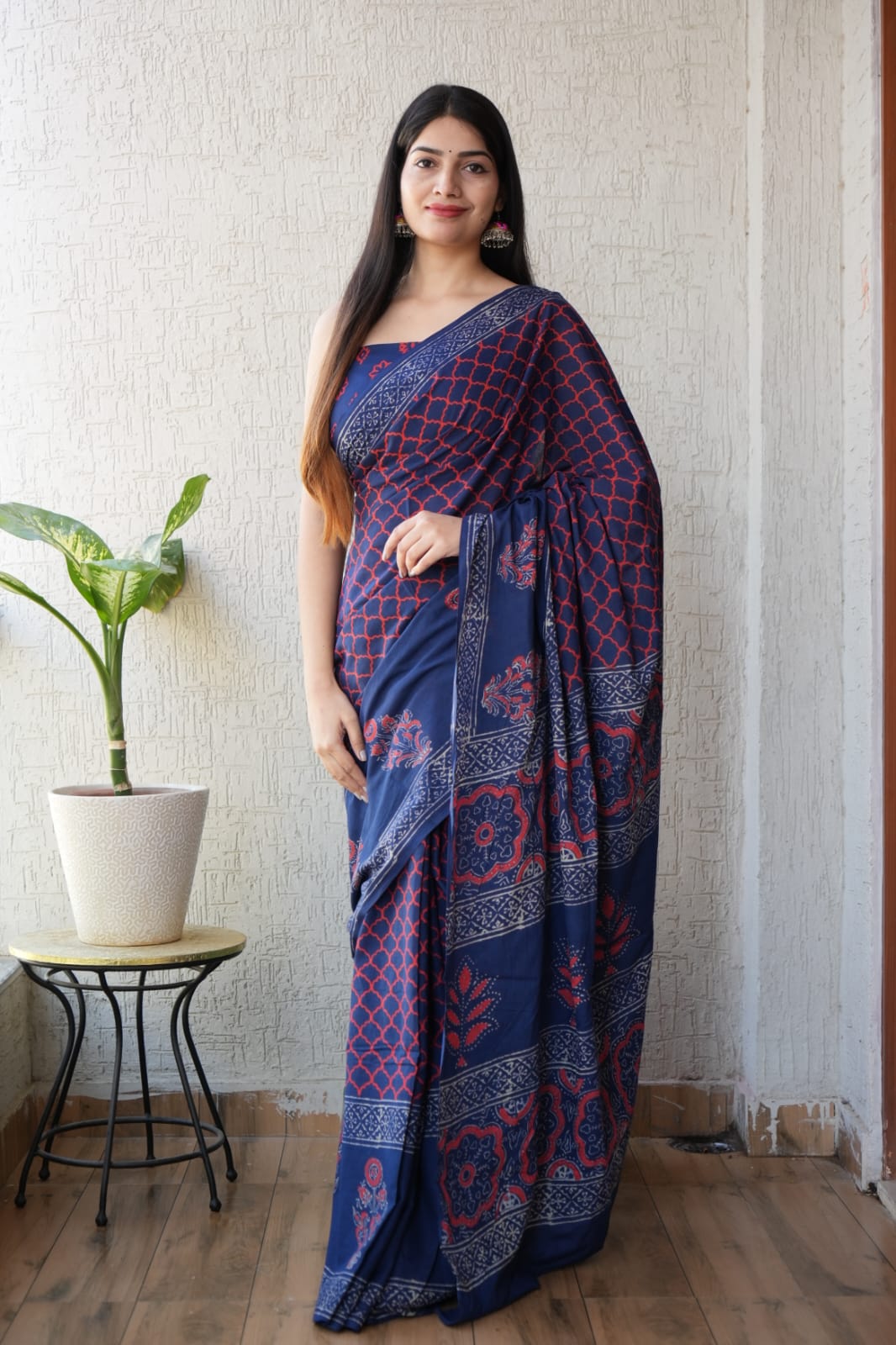 Navy Blue Printed Cotton Saree – Soft Cotton Saree for Women (BFCS13)