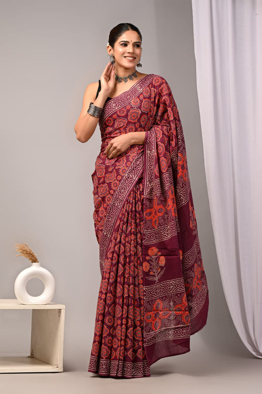 Maroon Ajrakh Hand Block Printed Cotton Saree with Blouse  (BFCS74)