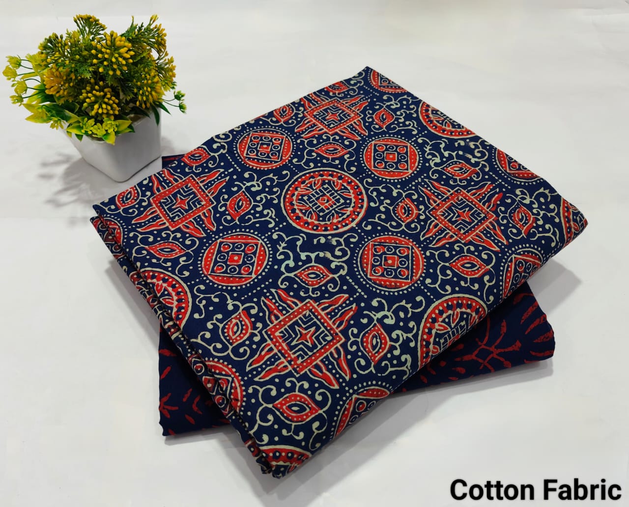 Navy Blue Ajrakh Print Cotton Fabric – Traditional Designer Material(BFTB55)