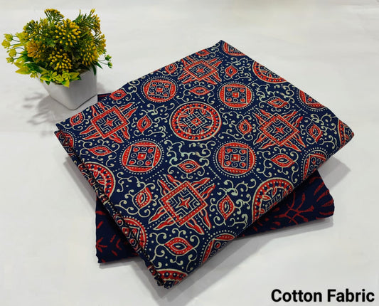 Navy Blue Ajrakh Print Cotton Fabric – Traditional Designer Material(BFTB55)