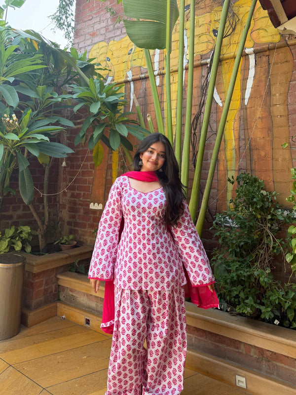 White Pink Cotton Block Print Farshi Salwar Set