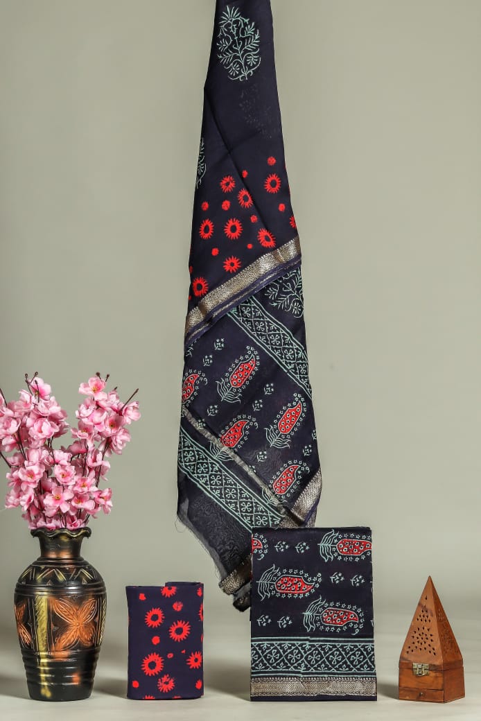 Premium Hand Block Printed Maheshwari Silk Suit (BFMAH13)
