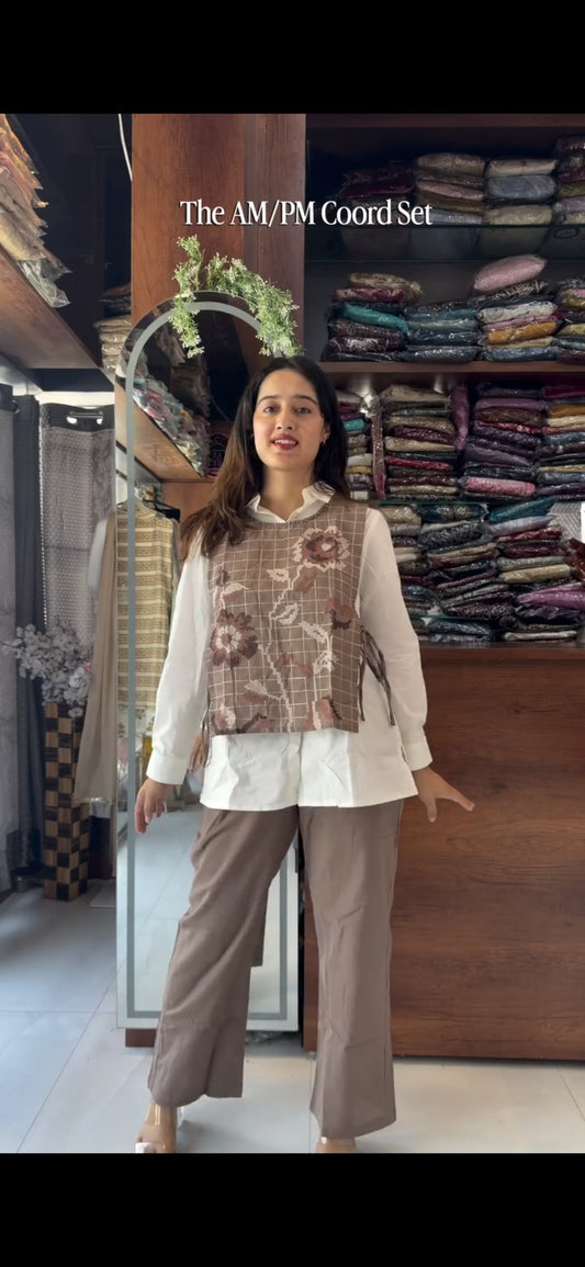 Beige Jute Embroidered Coord Set with Cotton Shirt