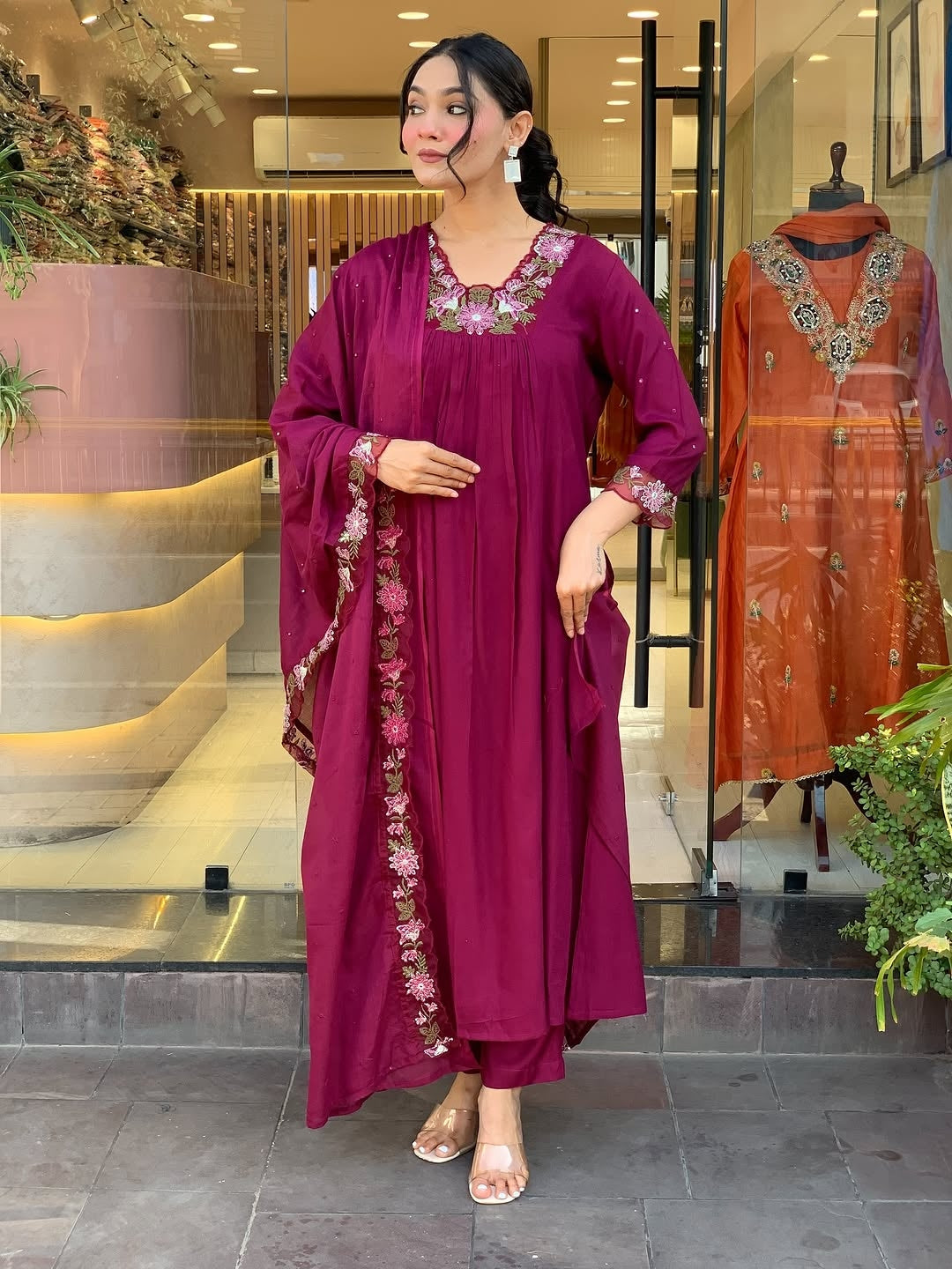 Wine Cotton Embroidered Kurti Pant Set with Malmal Dupatta for Women | Elegant Ethnic Wear