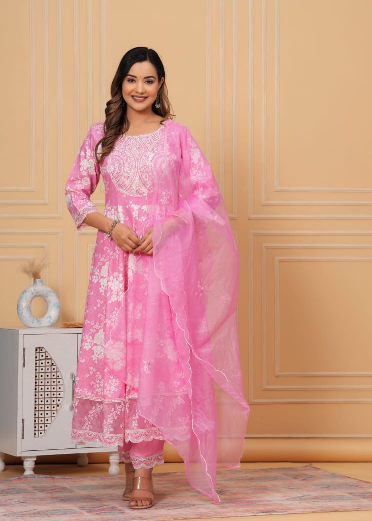 Beautiful ANARKALI KURTA with heavy  embroidery  work  on yoke along with pants with duppata