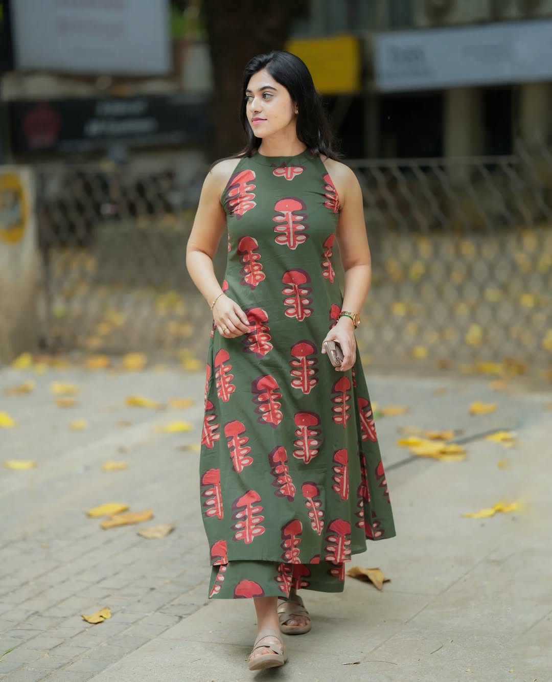 Dark Green Printed Cotton Kurta Palazzo Set | Trendy Halter Neck A-Line Kurti Set