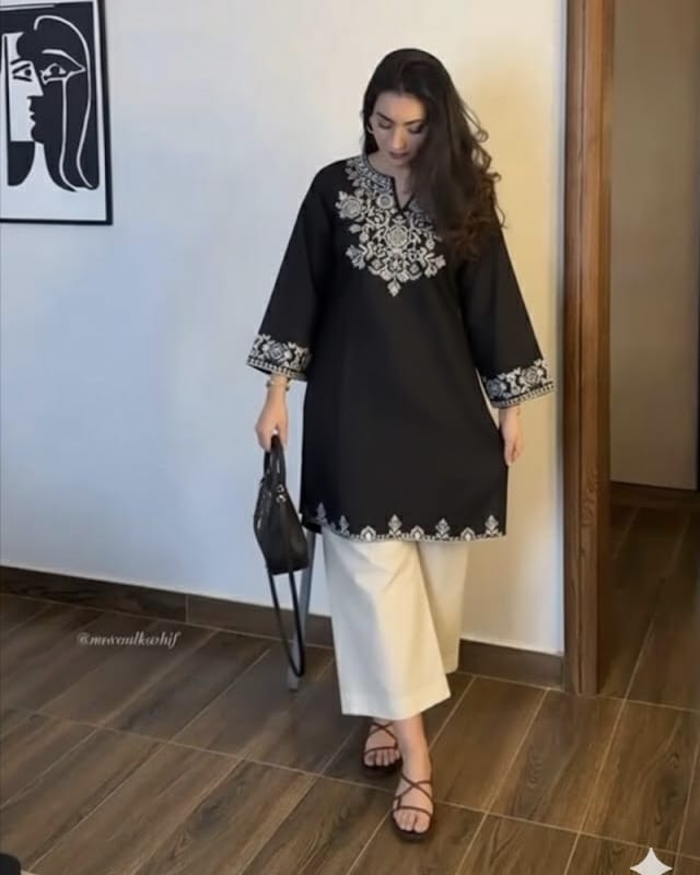 Black Cotton Embroidered Co-ord Set | Kurti & Palazzo