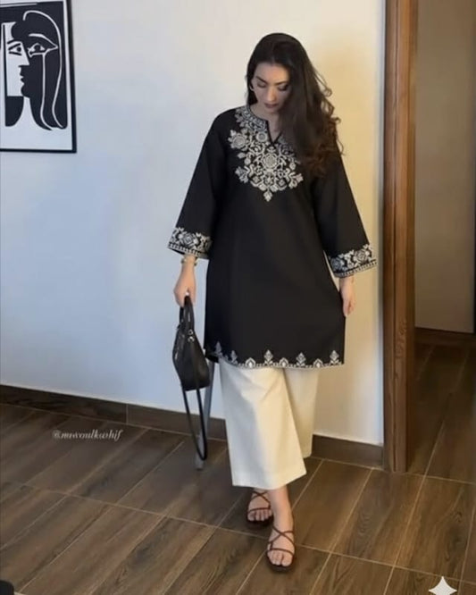 Black Cotton Embroidered Co-ord Set | Kurti & Palazzo