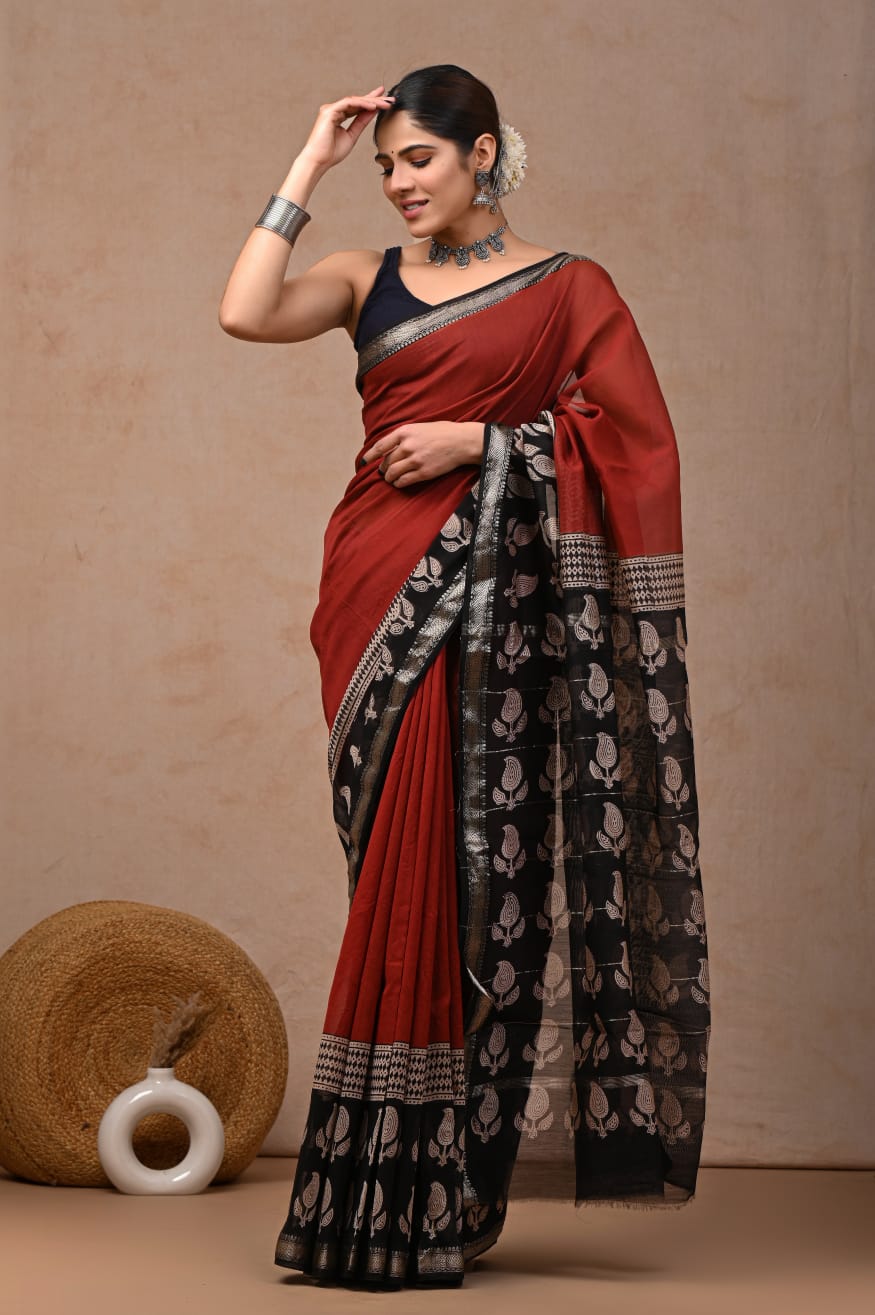 New Designer Hand Block Print Maheshwari Silk Saree (BFMSARE75)