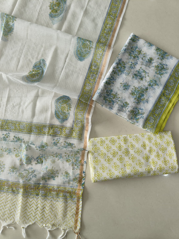 Lime Green & Blue Paisley Block Print Kota Doriya Suit  (BFFKO92)
