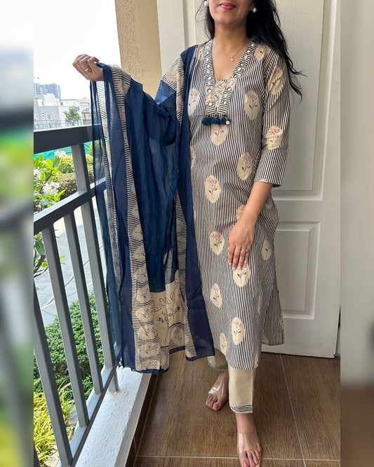 Striped Cotton Kurti Set with Mirror Work Neckline & Navy Blue Dupatta |