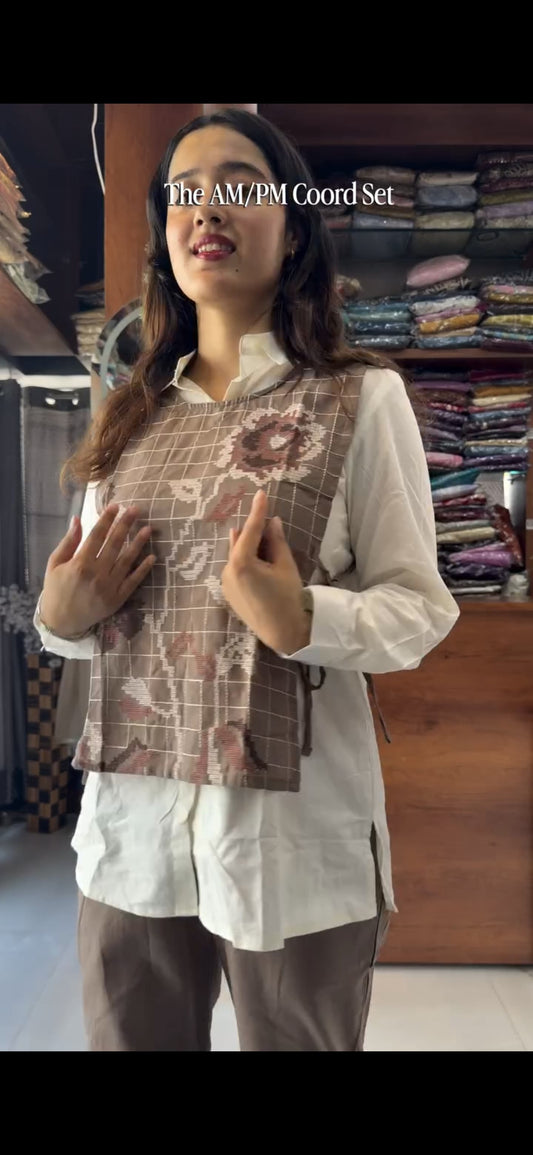 Beige Jute Embroidered Coord Set with Cotton Shirt