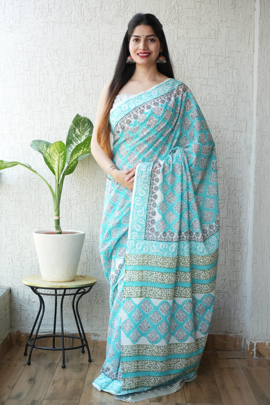 Aqua Blue Hand Block Printed Cotton Saree with Blouse (BFCS67)