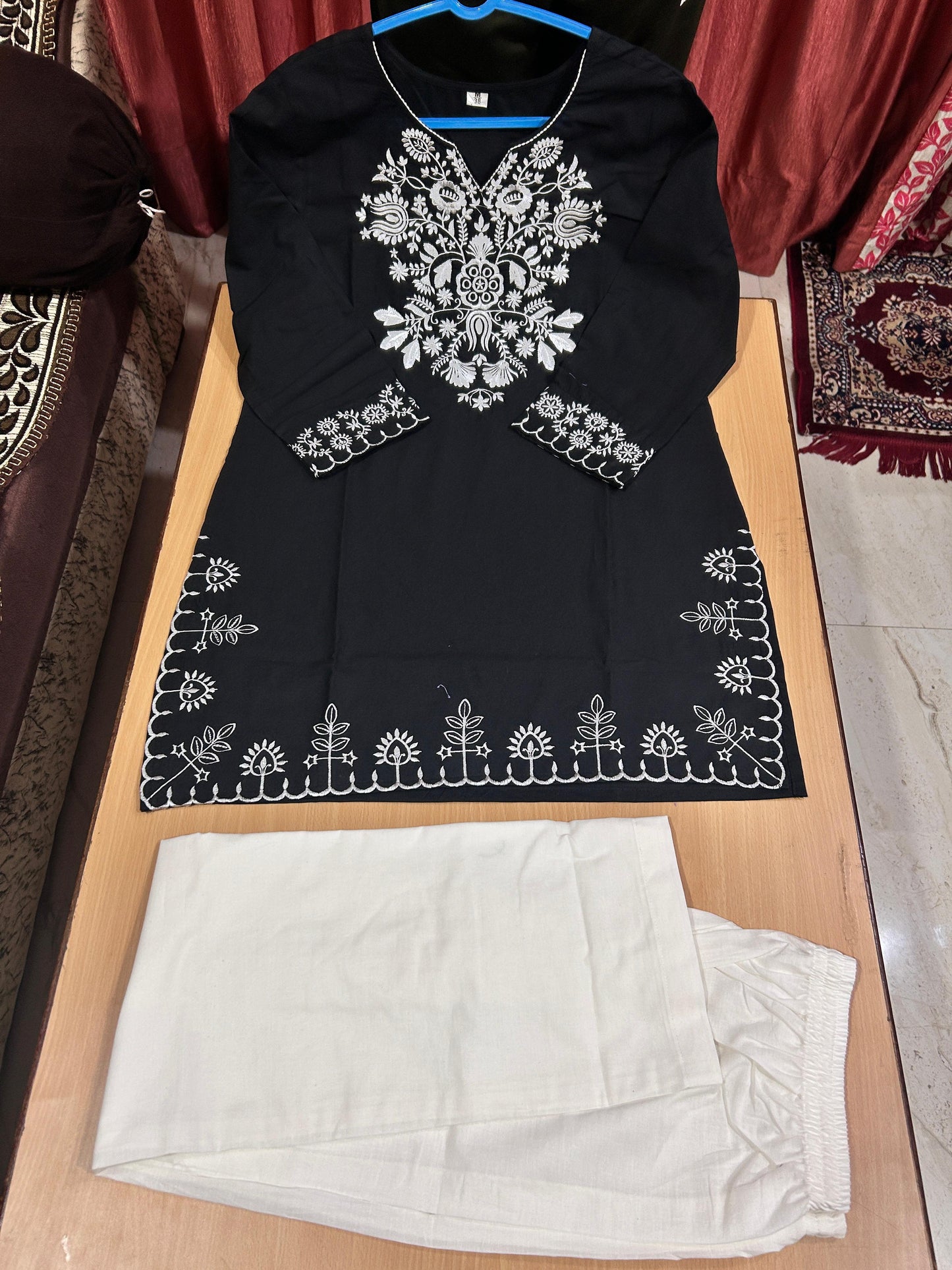 Black Cotton Embroidered Co-ord Set | Kurti & Palazzo