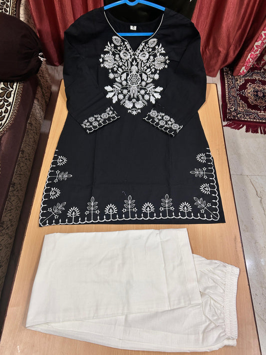 Black Cotton Embroidered Co-ord Set | Kurti & Palazzo