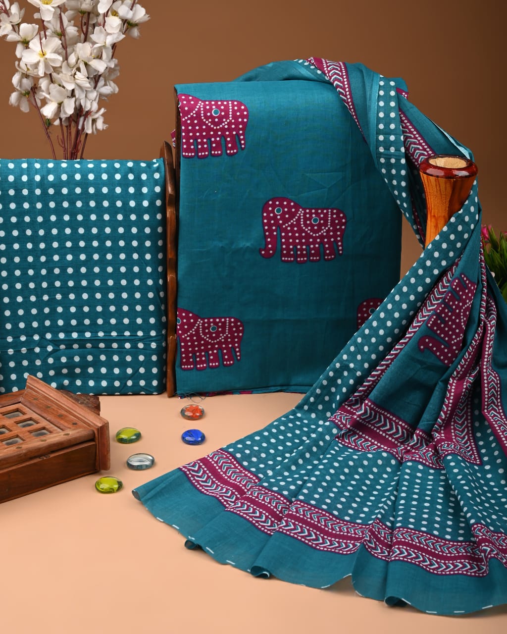 Traditional Hand Painted Cotton Suit With Cotton Dupatta