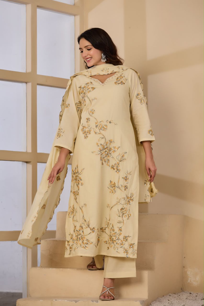 Cream Embroidered Cotton Kurta Set with Scalloped Dupatta | Ethnic Wear
